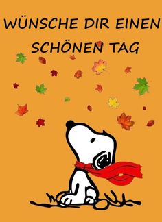 a cartoon dog with a red scarf around its neck sitting in front of fall leaves