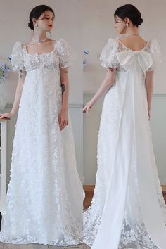 A-Line Empire Sweep-Brush Train Lace Satin Puff Sleeves Wedding Dress CW3095 – COCOMELODY