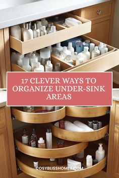 This pin showcases practical hacks to organize your bathroom under-sink area efficiently. It features 17 clever methods to maximize space, including shelves and lazy Susans. Two images are used to illustrate creative storage solutions.