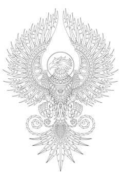 an intricate design with feathers and flowers on white paper, in the shape of a bird