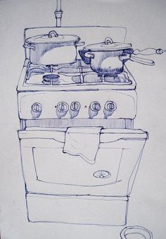 a drawing of an oven with pots and pans on it's burners