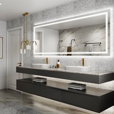 a bathroom with two sinks and a large mirror on the wall above it is shown