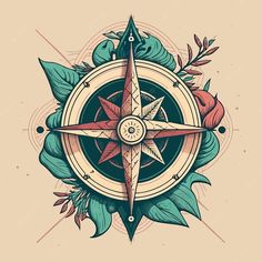 a compass with flowers and leaves around it