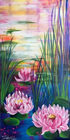 a painting of water lilies and reeds