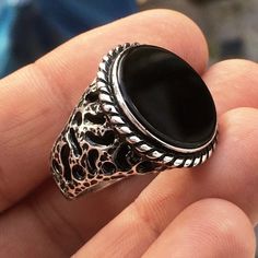 Unique Black Round Signet Ring, Handmade Vintage Black Skull Ring, Silver Onyx Signet Ring, Vintage Black Skull Ring In Sterling Silver, Vintage Black Sterling Silver Skull Ring, Handmade Onyx Jewelry, Man Rings, Mens Black Ring, College Rings