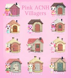 the pink ach villagers are all in different styles and colors, with their names on