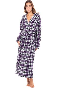 Lavender Tartan Robe With Hood, Hooded Bathrobe, Womens Robe, Winter Robes, Womens Bathrobes, Plus Size Robes, Robes For Women, Lounge Robes, Men's Robes