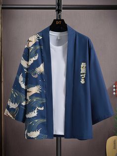 Multicolor Boho Collar Long Sleeve Fabric Animal,Letter Shirt Embellished Non-Stretch Spring/Fall Men Tops Man Kimono Fashion, Men Kimono Outfit, Japanese Man Fashion, Men Kimono Street Style, Male Kimono Fashion, Kimono Fashion Men, Kimono Outfit Men, Kimono Shirt Men, Haori Men