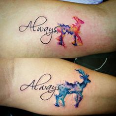 two tattoos with the words always and an image of a deer on each side of their legs