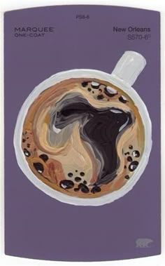 a painting of a cup of coffee with black and brown swirls in it on a purple background