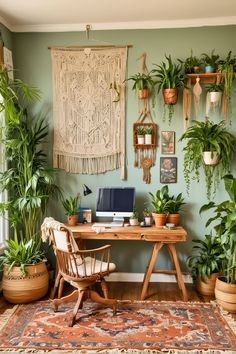 a home office with potted plants on the wall and a rug in front of it