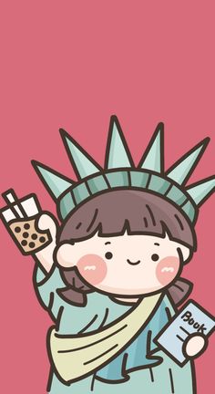 the statue of liberty is holding a cookie and a cell phone in her right hand