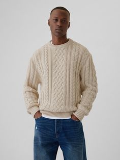 Relaxed Cable-Knit Sweater | Gap Cashmere Sweater Knitting Pattern, Mens Cable Knit Sweater Outfit, Men Cable Knit Sweater, Cable Knit Sweater Men, Cable Knit Sweater Outfit Men, Knitted Sweaters Outfit Men, Men Sweater Vest, Dik Vest, Mens Cable Knit Sweater