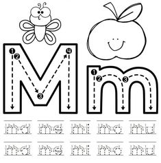 the letter m is for apple coloring page with an image of an apple and a bee