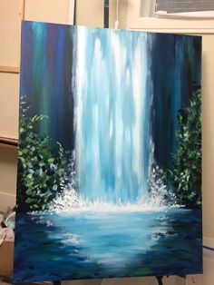 an acrylic painting of a waterfall in the middle of a forest with blue water