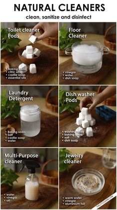 the instructions for making natural cleaners are shown in this graphic above it's description