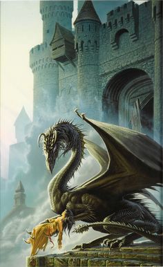 a dragon sitting on top of a stone wall next to a castle in the sky