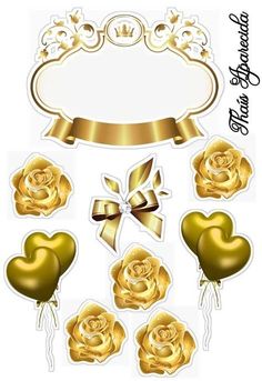 gold roses and hearts with ribbons on them