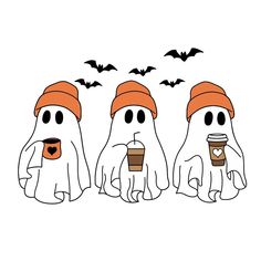 three ghost with coffee cups and bats in the background, one is holding a cup