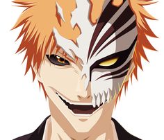 an anime character with orange hair and white face paint on his face is looking at the camera