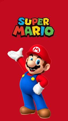 an image of mario running with the words super mario in front of him on a red background