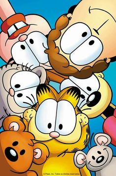 garfield the cat is surrounded by other cartoon characters