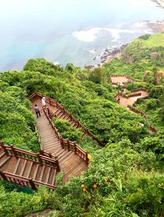 stairs lead down to the beach and ocean from an overlook point on top of a hill