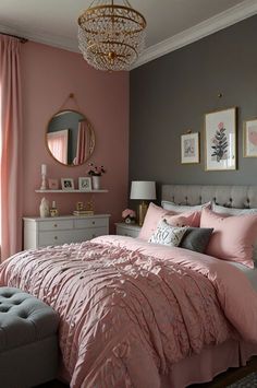 a bedroom decorated in pink and grey colors