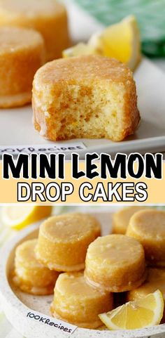 mini lemon drop cakes on a plate with lemons in the background and title overlay