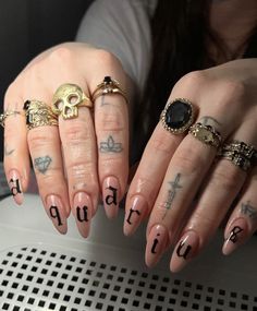 Old English Acrylic Nails, Nails For Aquarius, Letters Nails Design, Old English Font On Nails, Old English On Nails, Letters Nail Art, Gothic Letter Nails, Old English Letter Nails, Old English Font Nails