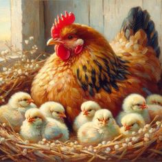 a painting of a hen and her chicks in a nest on the side of a barn