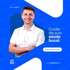 a man with his arms crossed standing in front of a blue and white background that says guide da sua sa seque bucal