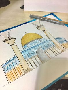 a drawing of the dome of the rock on top of a building