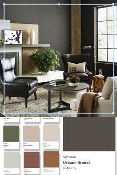 a living room filled with furniture and color swatches in shades of brown, green, beige