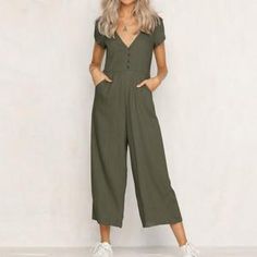 Summer Romper VNeck Short Sleeve Strappy Holiday Long Playsuits Trouse - Shop New Look Jumpsuit Outfit Casual, Party Jumpsuit, Mode Kimono, Rompers Womens Jumpsuit, Jumpsuit Casual, Stil Boho, Jumpsuit Summer, Short Sleeve Jumpsuits, Womens Playsuits