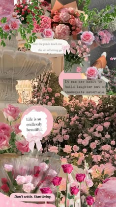 a collage of pink and white flowers with words above them that read, life is so endlessly beautiful