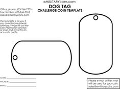 a dog tag is shown on the front and back of a paper card with an image of a dog