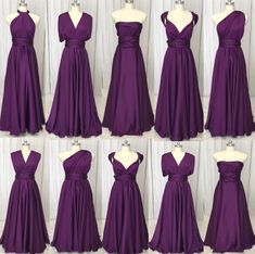 the different types of bridesmaid dresses on mannequins, including one in purple