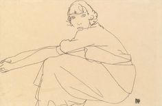 a black and white drawing of a woman sitting on the ground with her arms stretched out