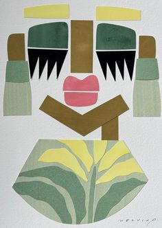 a paper cut out of a person's face with green and yellow leaves on it