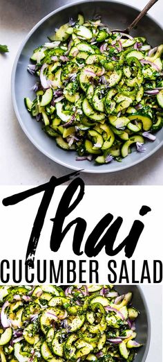 cucumber salad in a bowl with the title above it and an image of zucchini