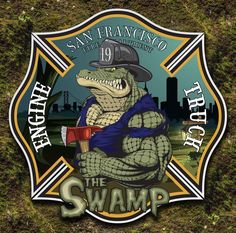 the logo for san francisco fire department, featuring an alligator in a hat and holding a wrench