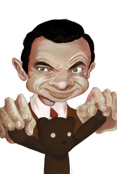 a caricature of a man holding a teddy bear in front of his face