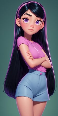 a cartoon girl with long black hair and purple eyes is posing for the camera, her arms crossed behind her back