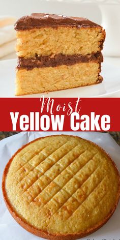 two different types of cake on plates with the words most yellow cake in front of them