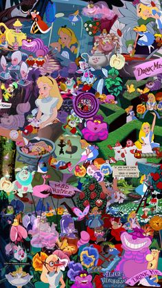 many different cartoon characters are grouped together