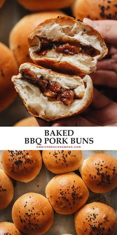 baked bbq pork buns are being held up by someone's hand with black pepper sprinkles on them