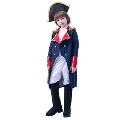 PRICES MAY VARY. This Napoleon costume includes hat, jacket, pants and boot covers. The top is a jacket and shirt that are connected together, and the fabric is soft. There are three sizes available: S/4-6 Y, M/7-9 Y, L/10-12 Y. Please refer to the size chart and choose the size that suits your child to better showcase yourself. Golden tassels and buttons will add a sense of dignity to you, and with the embellishments of hats and boot covers, you will be amazed by the entire audience. This outfi Napoleon Costume, Napoleon French, French Costume, Baby Costumes For Boys, White Trousers, Street Performance, Size Chart For Kids, Slip On Boots, School Events