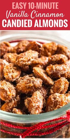 homemade vanilla cinnamon candies in a glass bowl with text overlay that reads easy 10 - minute vanilla cinnamon candies