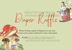 an advertisement for a watermarked product called diaper raffle, featuring mushrooms and fairy tale characters